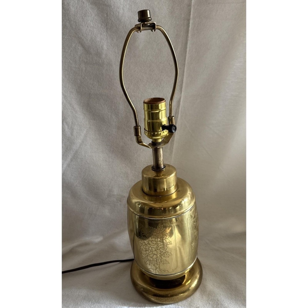 VTG Canister Etched Brass Lamp Bamboo Crane Roses Asian Theme No Shade 17 X 5"